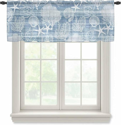 Haze Blue Retro Summer Sheer Valance Curtains, Sea Turtle Starfish Coral Ocean Light Filtering Kitchen Valances Rod Pocket Voile Curtain Window Treatment for Bedroom/Living Room/Basement 42Wx18L