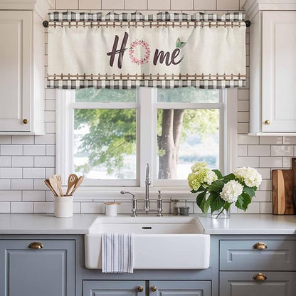 Spring Flowers Curtain Valances for Windows, Kitchen Valance Window Treatment, Vintage Watercolor Black Plaid on Linen Light Filtering Block Curtains for Bathroom/Bedroom/Living Room 42'' x 18''