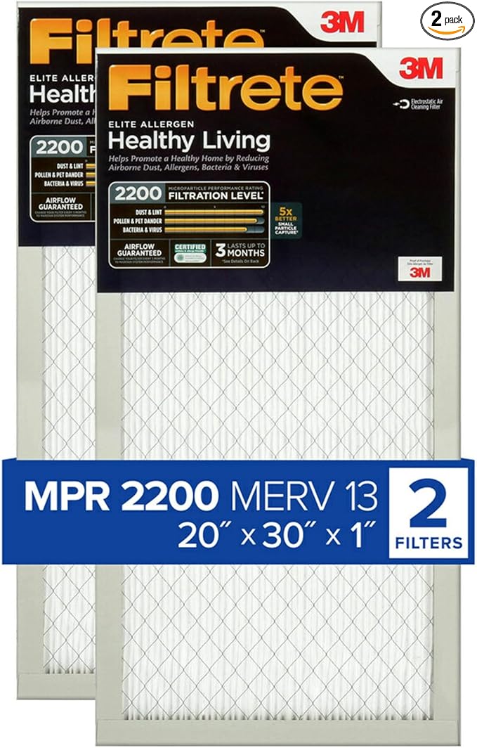 Filtrete 20x30x1 AC Furnace Air Filter, MERV 13, MPR 2200, Elite Allergen, Bacteria & Virus Filter, 3-Month Pleated 1-Inch Electrostatic Air Cleaning Filter, 2-Pack (Actual Size 19.81x29.81x0.78 in)