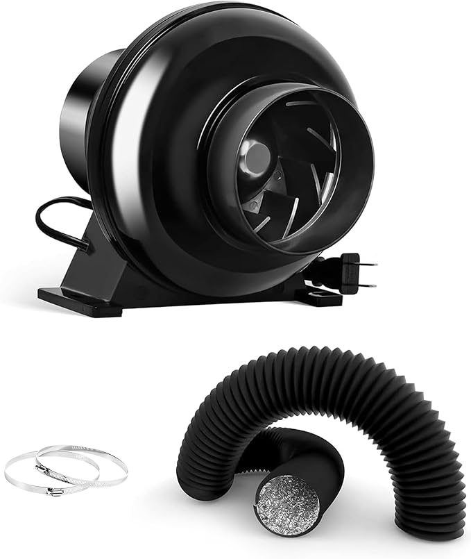 iPower 4 Inch Upgrade Inline Duct Ventilation Fan with 8 Feet Ducting, 195 CFM Exhaust Blower for Grow Tent and Basements, 2 Clamps Included, Black