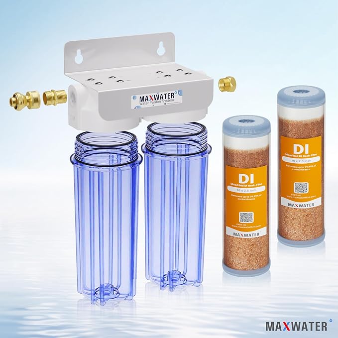 Max Water 2 Stage Deionized Spot Free Car Rinse Unit, Premium Water Deionizer for Spotless Car Wash Water System, RV and Motorcycle, No Towel Drying - 2 DI Filters with 45-80 PSI & 3/4" Inlet/Outlet