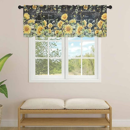 Summer Floral Sheer Valance Curtains, Watercolor Sunflower Eucalyptus Leaves Letter Print Light Filtering Kitchen Valances Rod Pocket Voile Curtain Treatment for Bedroom/Living Room/Basement 42Wx12L