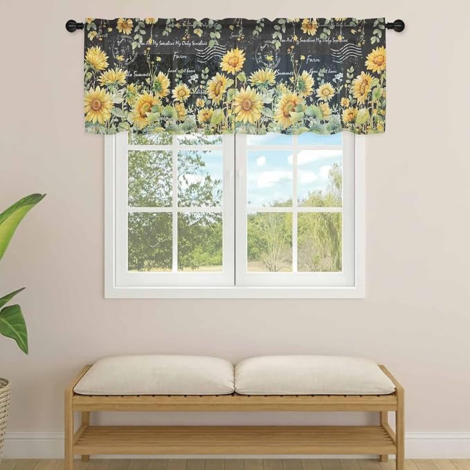 Summer Floral Sheer Valance Curtains, Watercolor Sunflower Eucalyptus Leaves Letter Print Light Filtering Kitchen Valances Rod Pocket Voile Curtain Treatment for Bedroom/Living Room/Basement 60Wx18L