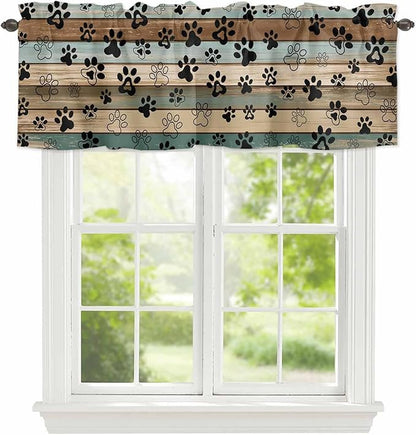 Dog Paws Valances for Windows, Teal Brown Wood Grain Kitchen Valance Light Filtering Rod Pocket Short Curtains for Kitchen Bathroom, 1 Panel, 54"x18"