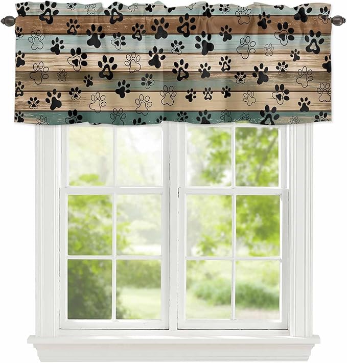 Dog Paws Valances for Windows, Teal Brown Wood Grain Kitchen Valance Light Filtering Rod Pocket Short Curtains for Kitchen Bathroom, 1 Panel, 60"x14"