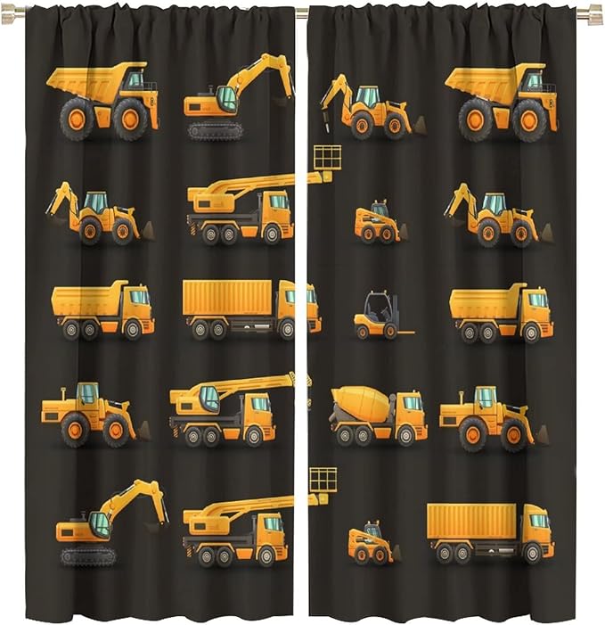 Kids Construction Window Curtains, Construction Machinery Equipment Mode of Transport Bulldozer Tractor Windows Curtain for Children Teens Room Decor 63x72in (30% Blackout)