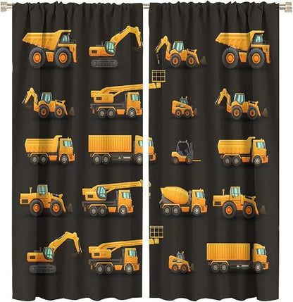 Kids Construction Window Curtains, Construction Machinery Equipment Mode of Transport Bulldozer Tractor Windows Curtain for Children Teens Room Decor 63x72in (30% Blackout)