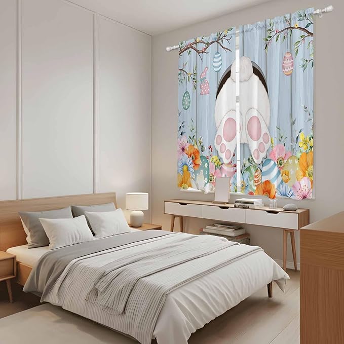Easter Window Curtains 63 Inch Long 2 Panel Set, Rod Pocket Bedroom Curtains & Drapes, Spring Watercolor Bunny Eggs Flower Wood Grain Blue Light Filtering Window Treatment for Living Room 42"W x 63"L