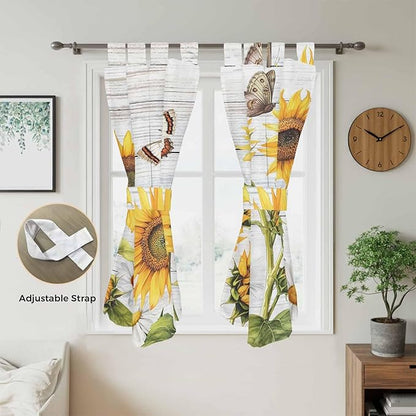 Yellow Sunflowers Bathroom Curtains 63 Inch Length, Window Curtains Tab Top, Vintage Country Flowers Butterfly Wood Board Light Filtering Window Treatments Drapes 52"x63" 2 Panel