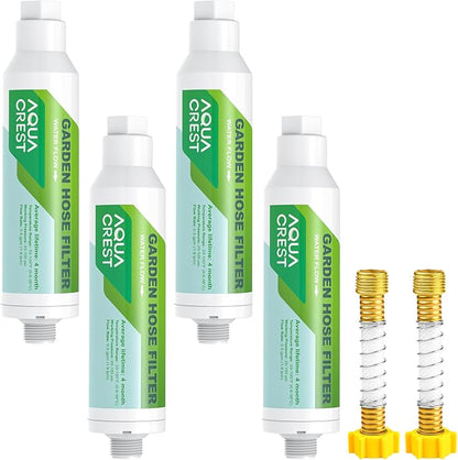 AQUA CREST Garden Hose Water Filter for Plants, Greatly Reduces Chlorine, Odor, Improve Plants Health, Ideal for Organic Gardening, Farming and Pets, 4 Pack with 2 Hose Protector