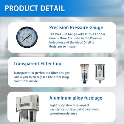 XingNEeng 1/4" NPT Compressed Air Filter Regulator Combo Piggyback, Water/Oil Trap Separator with Pressure Gauge(0-150 psi), Semi-Auto Drain, Poly Bowl, 5 Micron Brass Element, Metal Bracket
