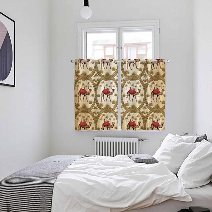 2 Panel Kitchen Cafe Curtains, Brown Desert Camels Sunlight Filtering Nature Air Through, Window Decor Tier Curtains for Living Room 104W x 63L inch Tropical Date Coconut Trees Cords Leaves
