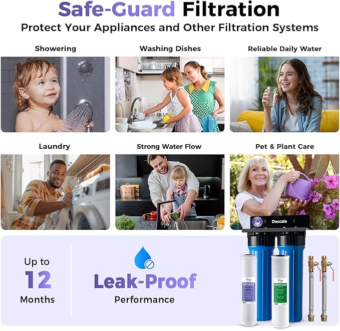 iSpring WGB22B-DS+AHPF12MNPT16X2 2-Stage Whole House Water Filter System w/ 3/4'' Push-Fit Braided Stainless Steel Hose Connectors, Reduces Scale, Corrosion, Chlorine, Taste, Odor