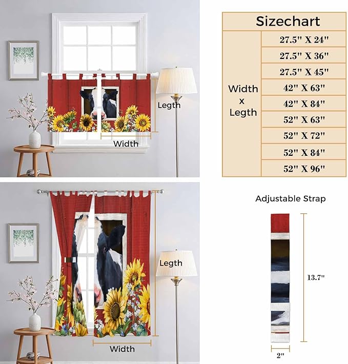 Cow Sunflowers Living Room Curtains 84 Inch Length, Window Curtains Tab Top, Botanical Floral Leaves Bees Farm Barn Light Filtering Window Treatments Drapes 52"x84" 2 Panel
