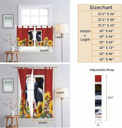 Cow Sunflowers Living Room Curtains 84 Inch Length, Window Curtains Tab Top, Botanical Floral Leaves Bees Farm Barn Light Filtering Window Treatments Drapes 52"x84" 2 Panel