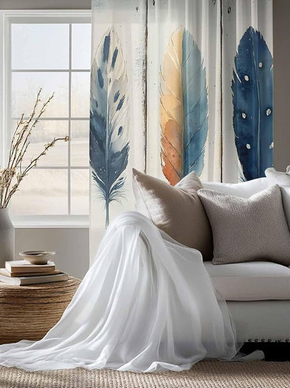 Sheer Curtains 72 Inches Long, Blue Brown Feathers Semi Sheer Curtains Light Filtering Window Treatment, Boho Ombre Vintage Wooden Grain Privacy Voile Drapes for Living Room Bedroom 52x72 Inch