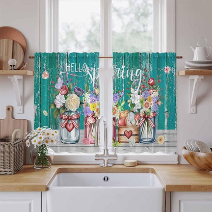 Spring Flowers Kitchen Curtains, Farmhouse Watercolor Teal Wood Grain Light Filtering Window Curtain Panels, 2Pcs Rod Pocket Window Treatments Set for Cabin Bathroom Bedroom 52x45 Inches