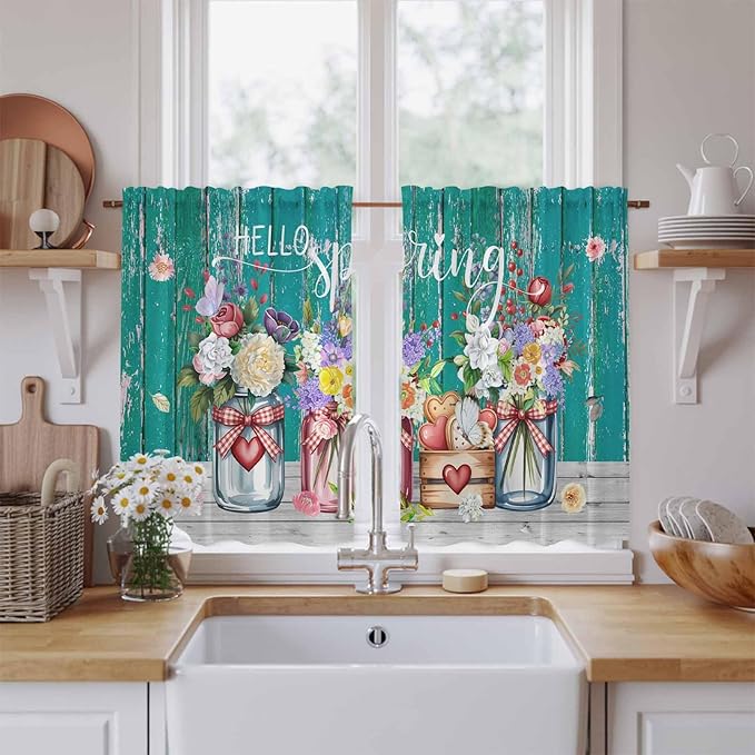 Spring Flowers Kitchen Curtains, Farmhouse Watercolor Teal Wood Grain Light Filtering Window Curtain Panels, 2Pcs Rod Pocket Window Treatments Set for RV Dining Room Study Room 42x54 Inches