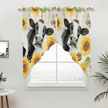 Yellow Sunflowers Swag Valances for Windows, Country Cow Flower Butterfly Farmhouse Cream Rod Pocket Kitchen Curtains Valance, Kitchen Window Curtains Swag for Cafe Living Room, 2 Panels, 36x45 inch