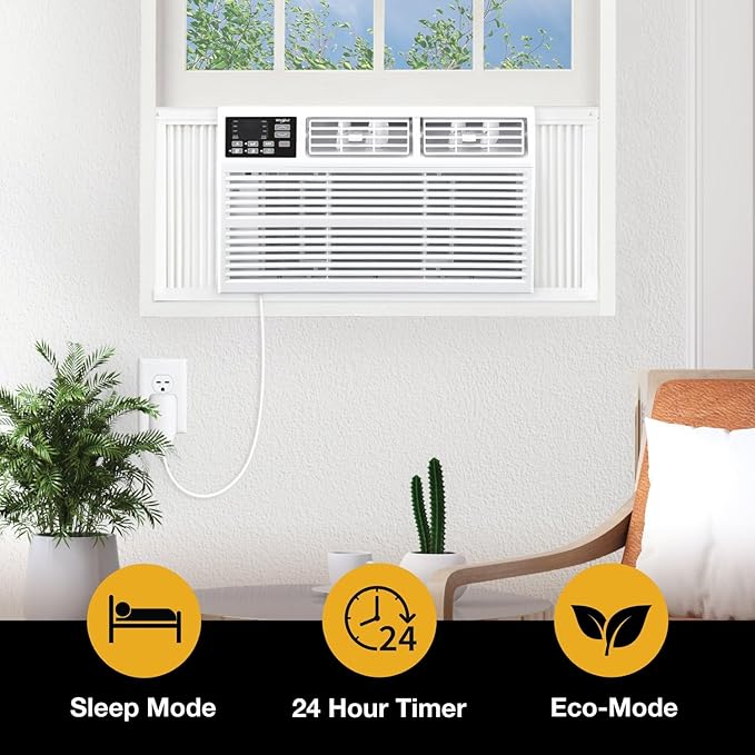Whirlpool 18,000 BTU Window Air Conditioner with Dehumidifier, 230V, Window AC for Large Rooms up to 1000 Sq. Ft., Bedroom, Living Room, Apartment, with Remote, 3 Speeds, and 24H Timer, White