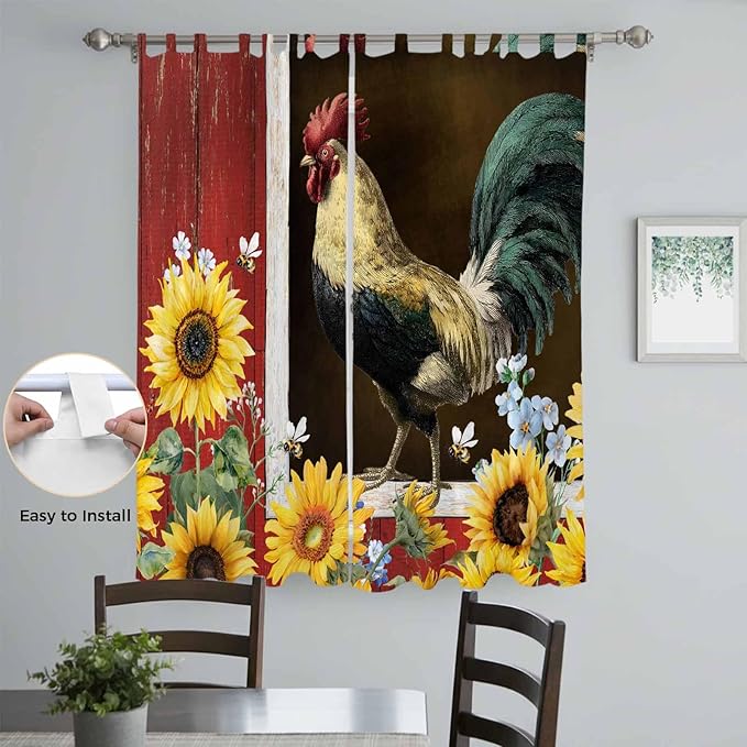 Chicken Sunflowers Living Room Curtains 84 Inch Length, Window Curtains Tab Top, Farmhouse Animals Red Barn Bees Light Filtering Window Treatments Drapes 52"x84" 2 Panel