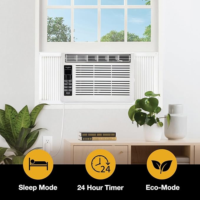 Whirlpool 8,000 BTU Window Air Conditioner with Dehumidifier, 115V, Window AC for Rooms up to 350 Sq. Ft., Living Room, Bedroom, or Apartment, with 3 Speeds, Remote Control, and 24H Timer, White