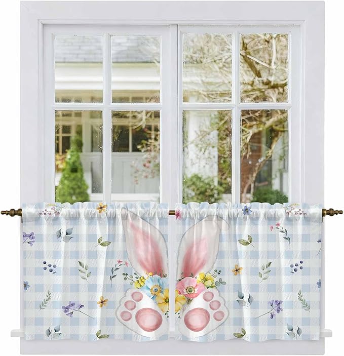 Easter Kitchen Tier Curtains 24 Inch Long 2 Panel Set,Rod Pocket Cafe Small Window Curtains Over Sink,Spring Rabbits Ears Feet Floral Blue Lattice Light Filtering Short Drapes 27.5"W x 24"L