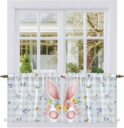 Easter Kitchen Tier Curtains 24 Inch Long 2 Panel Set,Rod Pocket Cafe Small Window Curtains Over Sink,Spring Rabbits Ears Feet Floral Blue Lattice Light Filtering Short Drapes 27.5"W x 24"L