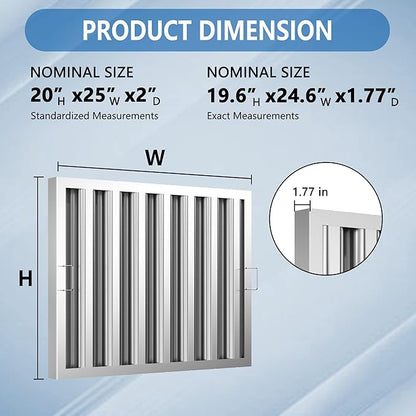 Stainless Steel Commercial Kitchen Hood Filter 24.5W x 19.5H Inch Range Hood Baffle for Grease Rated Commercial Kitchen Exhaust Hood 7 Grooves Hood Filter (5 Pack)
