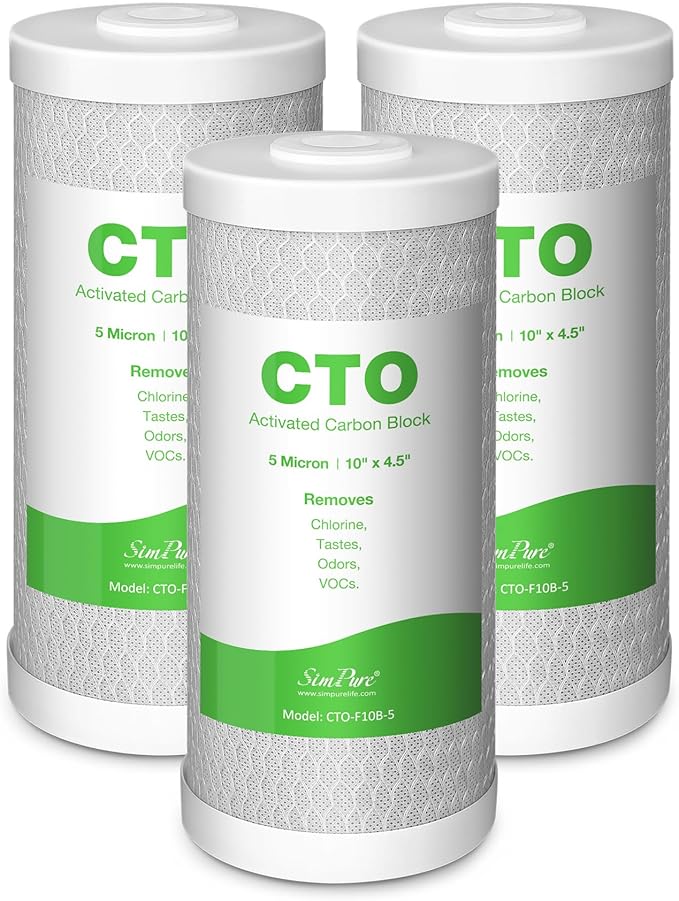 SimPure Whole House Water Filter Cartridges 5 Micron 10" x 4.5" CTO Activated Carbon Block, For DB10P, DB10C-2, GE GXWH40L, GXWH35F, BB10, FXHTC, FC15B, 3 Pack