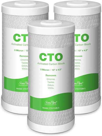 SimPure Whole House Water Filter Cartridges 5 Micron 10" x 4.5" CTO Activated Carbon Block, For DB10P, DB10C-2, GE GXWH40L, GXWH35F, BB10, FXHTC, FC15B, 3 Pack