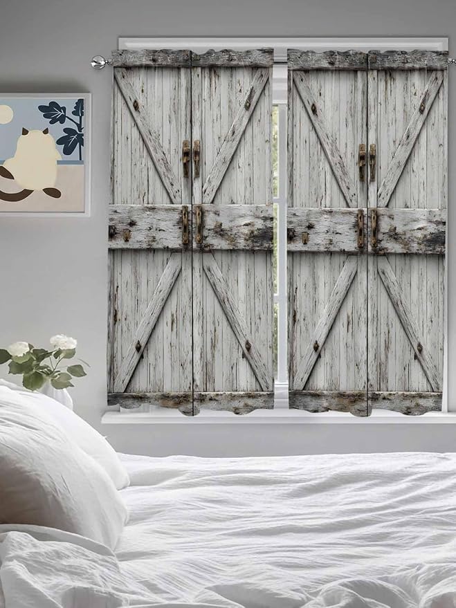 Vintage Gate Bedroom Curtains 63 Inches length, Farmhouse Wooden Grain Shabby Chic Door Window Treatment Curtain Drapes, Rod Pocket Curtain Panels for Living Room Kitchen, 42"x63", 2 Panels