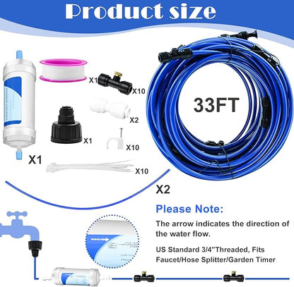 Upgraded 33FT Chicken Coop Cooling System with Water Filter Misting Cooling System Line & 20 Brass Mist Nozzles Teflon Tape 3/4" Adapter Chicken Coop Accessories for Patio Backyard Outdoor Summer Heat