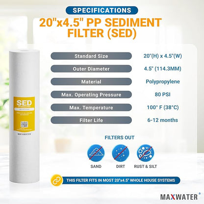 Max Water 1 Micron 20 x 4.5 Sediment Water Filter Cartridge - Whole House Water Filter Replacement Cartridge for Well Water System Compatible with DGD-5005-20, FP25B, AP810-2, FPMB5-20, 2-Pack