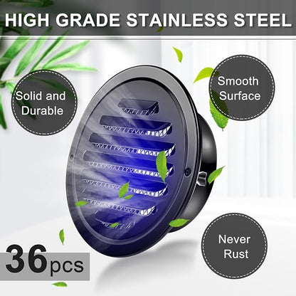 Zonon 36 Pcs Stainless Steel Soffit Vents 4 Inch Round Dryer Vent Cover with Mesh Screen for Home Outdoor Bathroom Wall Ceiling Outside Exterior Exhaust (Black)