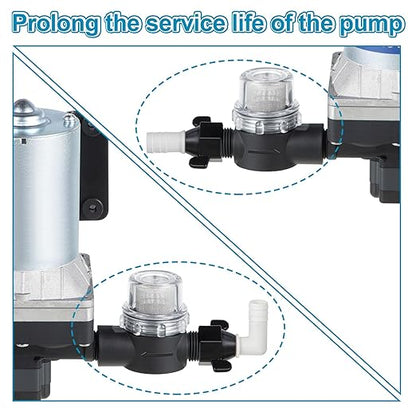 Dreyoo RV Water Pump Strainer Filter, 1/2 Twist On Pipe Strainer, 1/2 x 14 NPT x 1/2 Inch Barb Elbow and 2 Straight Swivel Adapter, RV Plumbing Fittings with PTFE Thread Seal Tape