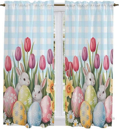 Easter Window Curtains 63 Inch Long 2 Panel Set, Rod Pocket Bedroom Curtains & Drapes, Spring Bunny Colorful Eggs Tulip Flowers Blue Check Light Filtering Window Treatment for Living Room 42"W x 63"L