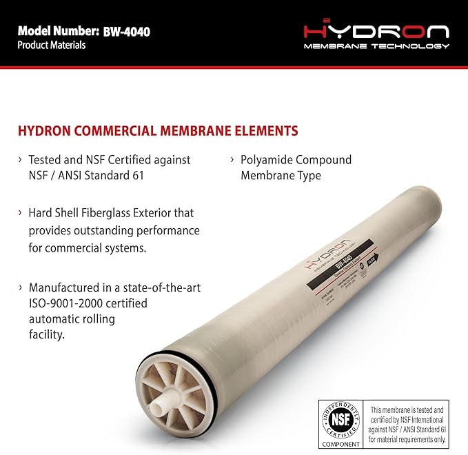 Hydron BW-4040 Reverse Osmosis Membrane – 4" x 40", 2400 GPD | High Performance for Commercial, Industrial, Agricultural, Whole House | Compatible with AG4040FF, AG4040TF, TW30-4040, RE4040-BE
