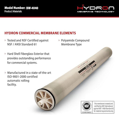 Hydron BW-4040 Reverse Osmosis Membrane – 4" x 40", 2400 GPD | High Performance for Commercial, Industrial, Agricultural, Whole House | Compatible with AG4040FF, AG4040TF, TW30-4040, RE4040-BE