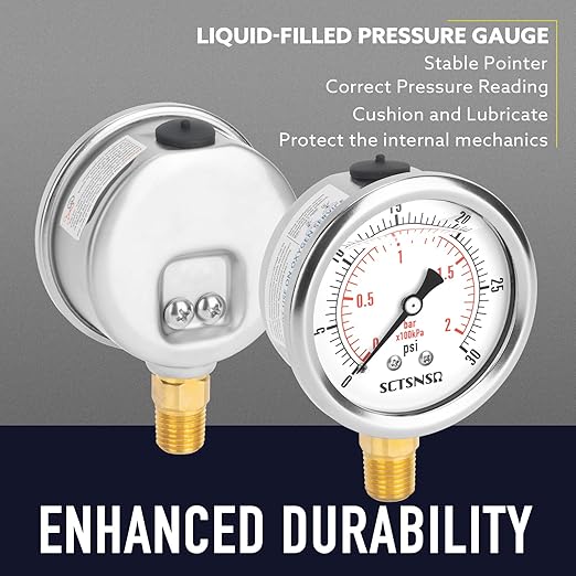 2-1/2" Dial Size, 0-30 Psi Low Pressure Gauge, Glycerin Liquid Filled, 1/4" NPT Lower Mount, Stainless Steel Case, for Water Tank, Pool Sand Filter, Coolant, CO2, Oil, Gas Pressure Test