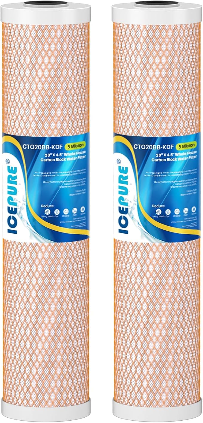 ICEPURE 5 Micron 4.5" x 20" CTO20BB-KDF Whole House Water Filter Coconut Shell Activated Carbon and KDF Heavy Metal Removal Water Filter Replacement for Home, 2 PACK