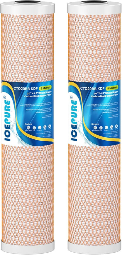 ICEPURE 5 Micron 4.5" x 20" CTO20BB-KDF Whole House Water Filter Coconut Shell Activated Carbon and KDF Heavy Metal Removal Water Filter Replacement for Home, 2 PACK