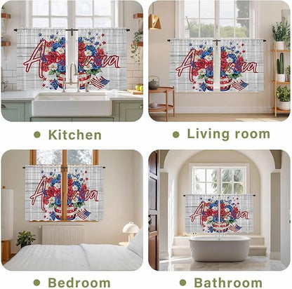 Independence Day Kitchen Curtains 45 Inch Long 2 Panel Set, Rod Pocket Window Treatment, 4 of July Rose Wooden Grain Vintage Light Filtering Short Curtains & Drapes for Bathroom Laundry 52"W x 45"L