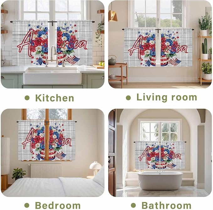 Independence Day Kitchen Curtains 54 Inch Long 2 Panel Set, Rod Pocket Window Curtains Panels, 4 of July Rose Wooden Grain Vintage Light Filtering Privacy Draperies for Bedroom Laundry 42"W x 54"L