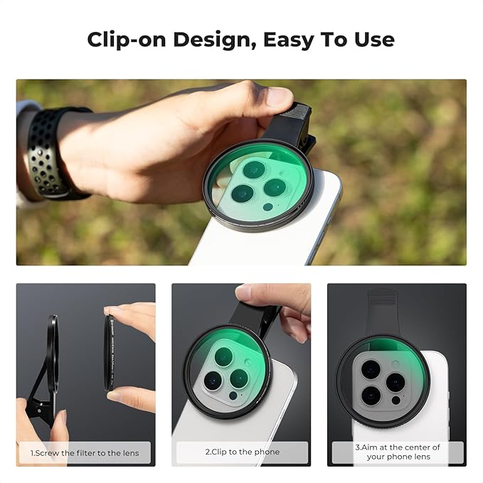 K&F CONCEPT 67mm Clip-on Black Diffusion 1/8 Phone Camera Lens Filter Kit, Mist Cinematic Effect Filter Compatible with iPhone 16 15 14 13 12 11, for Video/Vlog/Portrait Photography