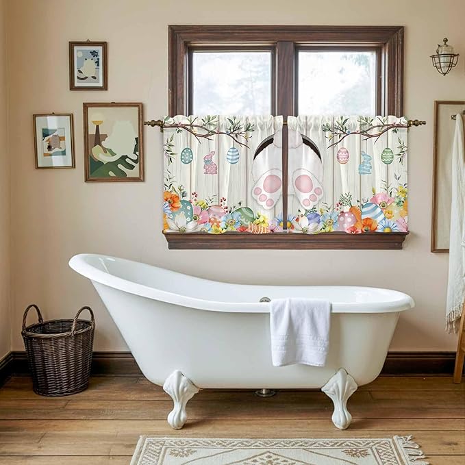 Easter Kitchen Tier Curtains 36 Inch Long 2 Panel Set,Rod Pocket Half Window Curtains Over Sink,Spring Farmhouse Watercolor Bunny Eggs Wood Grain Light Filtering Short Drapes Cafe 27.5"W x 36"L
