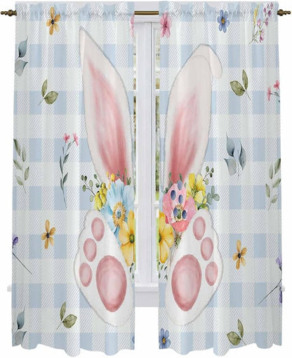 Easter Window Curtains 72 Inch Long 2 Panel Set, Rod Pocket Long Curtains & Drapes, Spring Rabbits Ears Feet Floral Blue Lattice Light Filtering Window Treatment for Bedroom Living Room 52"W x 72"L