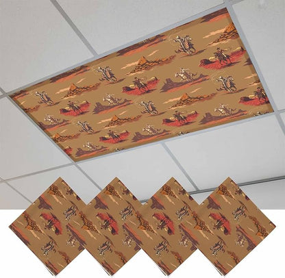 Cowboys Horses 4 Pcs Fluorescent Light Covers 4 x 2 Feet, Desert Ethnic Winds Brown Background Covers for Ceiling Lights Magnetic Light Cloth Filter for Classroom Office Home