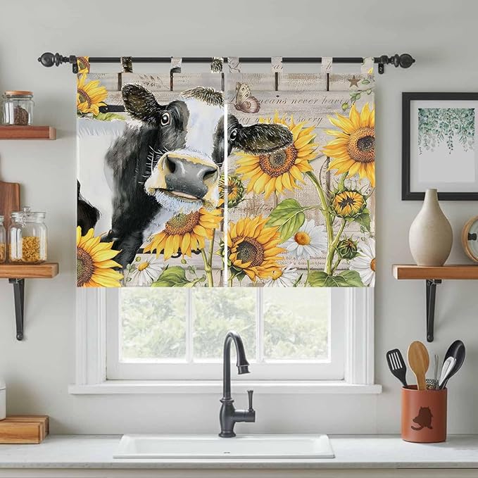 Yellow Sunflowers Bedroom Curtains 63 Inch Length, Window Curtains Tab Top, Farmhouse Cow Barn Doors Floral Butterfly Light Filtering Window Treatments Drapes 42"x63" 2 Panel