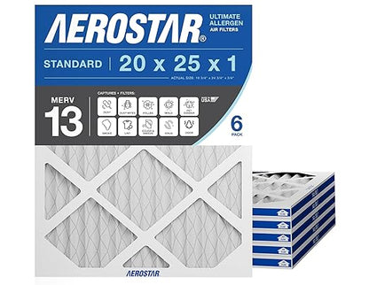 Aerostar 20x25x1 MERV 13 Air Filter, 6 Count, ACTUAL SIZE (19.75 x 24.75 x 0.75), HVAC, Air Conditioning & Furnace Filter for Allergies, Dust, Pet Dander & Smoke (MPR 1500 / FPR 10), Made in USA